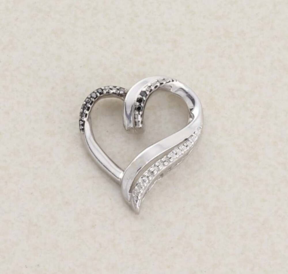 Pendant Only Sterling Silver Black & White Diamond Heart Pendant 3/4"